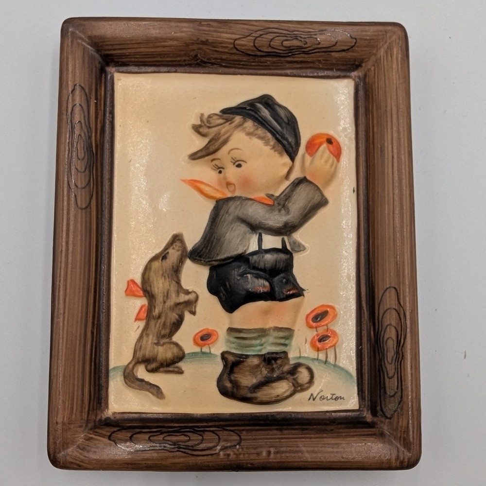 Napco Wall Plaque Brown Ceramic Boy with Dog Relief SH 713A1 5x4in